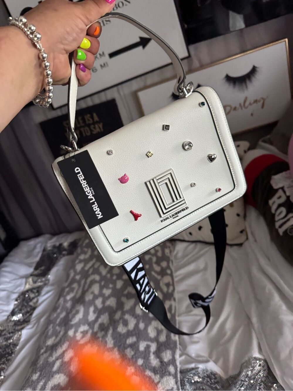 Karl lagerfield maybelle all white charm crossbody bag purse nwt